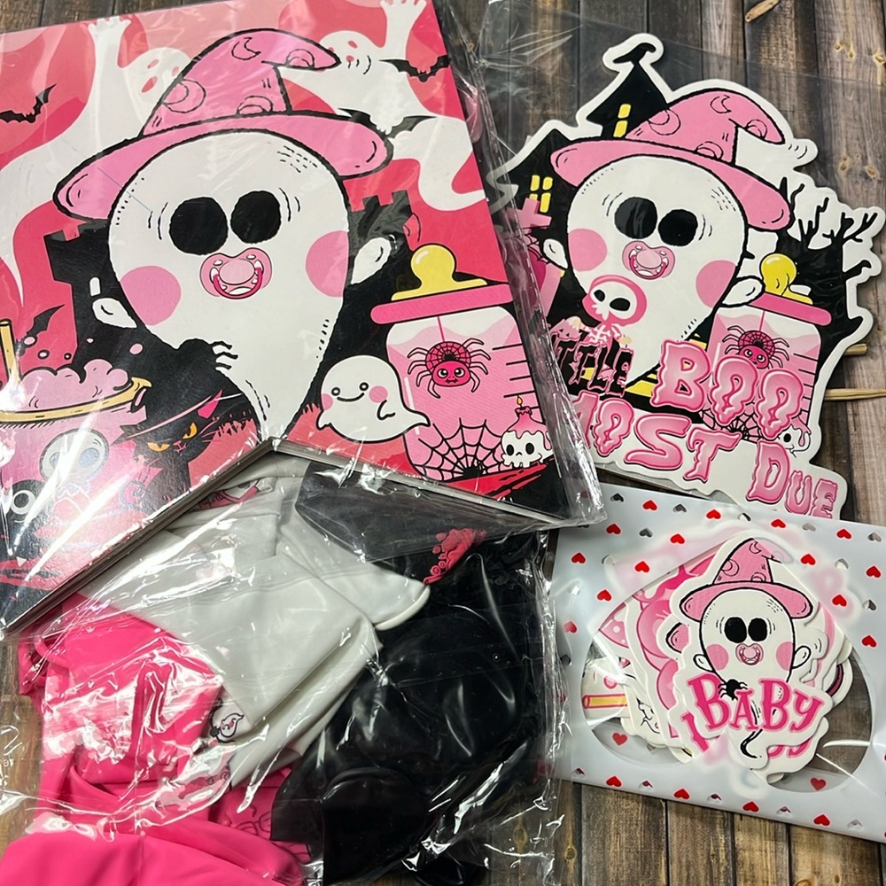 5for$10 Baby Shower Pink And Black Halloween Cute Ghost Party Supply NWOT